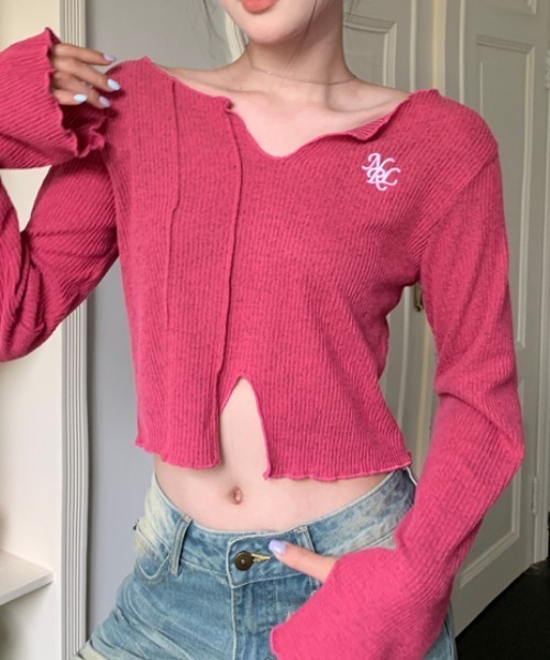 Vipoa(ヴィポア)の「Logo point cropped mellow tops(Tシャツ/カットソー・レディース・ピンク/グレー・FREE)」の6枚目の写真