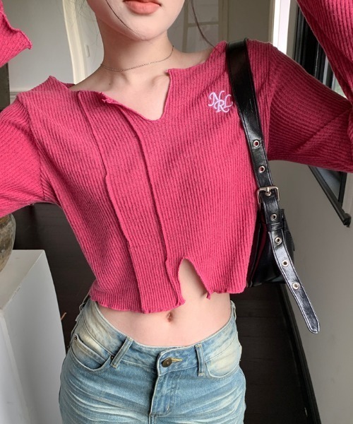 Vipoa(ヴィポア)の「Logo point cropped mellow tops(Tシャツ/カットソー・レディース・ピンク/グレー・FREE)」の10枚目の写真