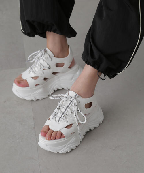 ホワイト スニーカーサンダル SMILE*3 サンダル キッズ ジュニア 子供 靴 ウェッジソール 厚底 女の子