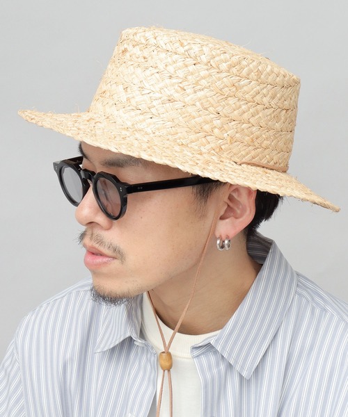 セール】ラフィア ロングブリム ブレード カンカン帽 あご紐付き