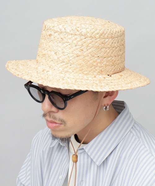 ReqHatter(レックハッター)の「ラフィア ロングブリム ブレード カンカン帽 あご紐付き(ハット・メンズ・ベージュ・FREE)」の6枚目の写真