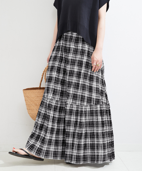 B.C STOCK(ベーセーストック)の「《追加》先染めチェッククリンクルスカート(スカート・レディース・ピンク/ブラック/バーガンディー・FREE)」の1枚目の写真