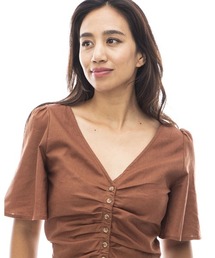 BILLABONG レディース 【CHILLWEAR】 LINEN COTTON WOVEN TOPS 半袖シャツ 【2024年夏モデル】/ビラボンギャザー入りVネックデザイントップス