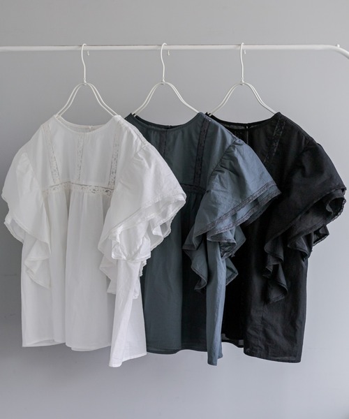 PUAL CE CIN（ピュアルセシン）の「袖フリルレースブラウス（シャツ/ブラウス・レディース・ブラック/グレー/オフホワイト・FREE）」の4枚目の写真