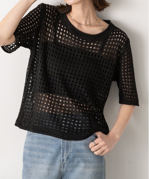 ad thie（アドティエ）の「透かし編み サマーニットプルオーバー（Tシャツ/カットソー・レディース・アイボリー/オフホワイト/ブラック・FREE）」の2枚目の写真