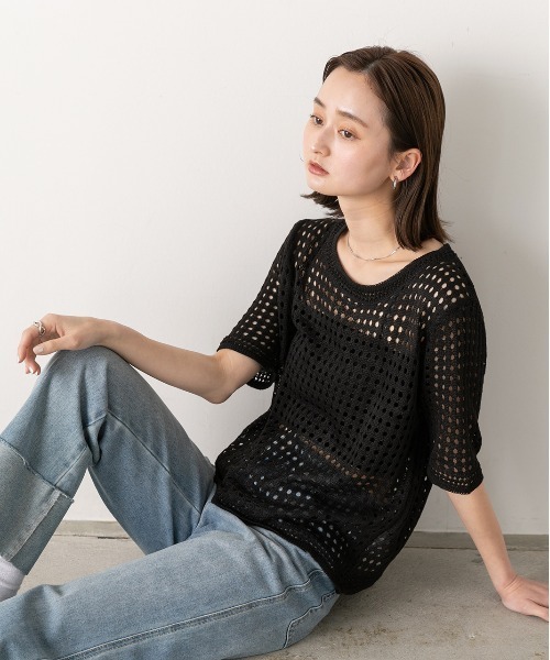 ad thie（アドティエ）の「透かし編み サマーニットプルオーバー（Tシャツ/カットソー・レディース・アイボリー/オフホワイト/ブラック・FREE）」の17枚目の写真