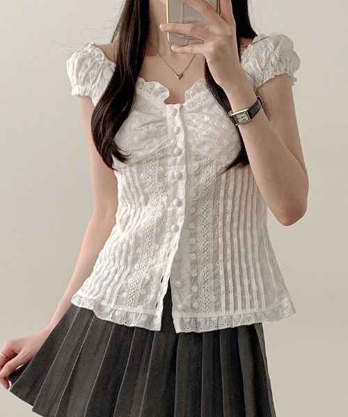 VIVID LADY(ビビッドレディー)の「2wayパンチング入りブラウス レディース 半袖バレエコア(シャツ/ブラウス・レディース・ホワイト・FREE)」の13枚目の写真