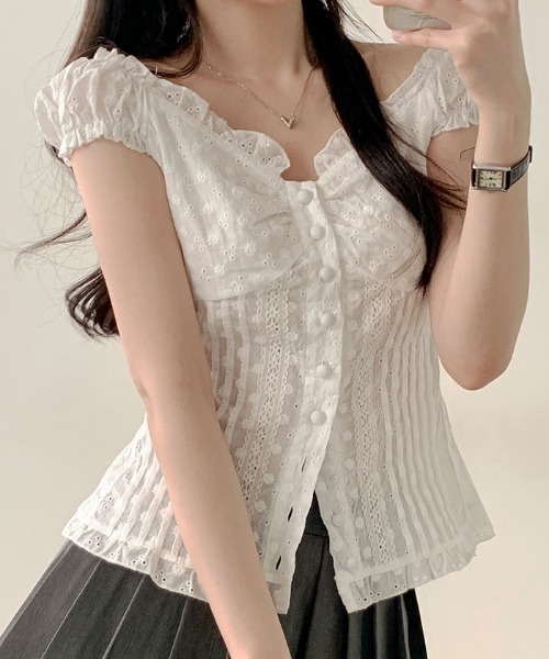 VIVID LADY(ビビッドレディー)の「2wayパンチング入りブラウス レディース 半袖バレエコア(シャツ/ブラウス・レディース・ホワイト・FREE)」の15枚目の写真