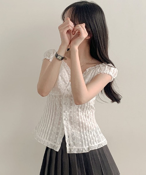 セール】2wayパンチング入りブラウス レディース 半袖バレエコア