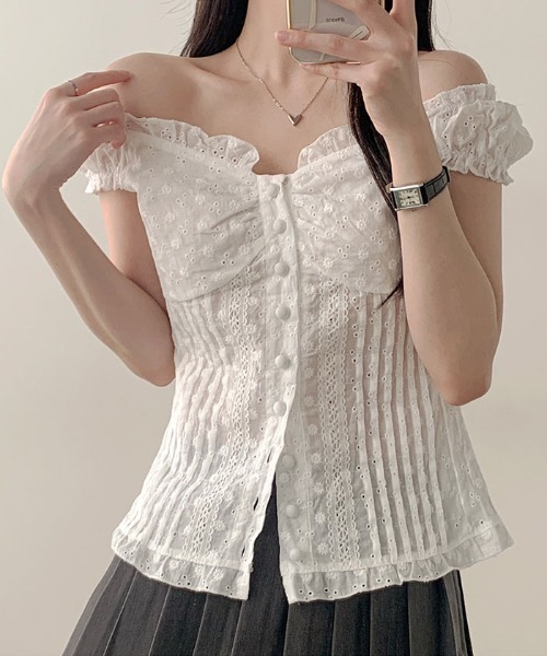VIVID LADY(ビビッドレディー)の「2wayパンチング入りブラウス レディース 半袖バレエコア(シャツ/ブラウス・レディース・ホワイト・FREE)」の5枚目の写真