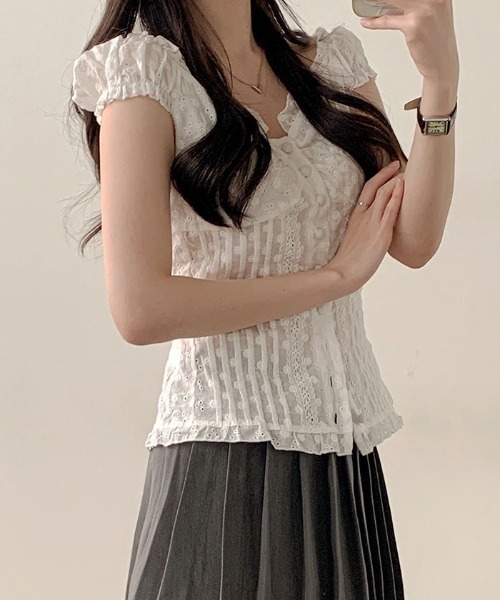 VIVID LADY(ビビッドレディー)の「2wayパンチング入りブラウス レディース 半袖バレエコア(シャツ/ブラウス・レディース・ホワイト・FREE)」の8枚目の写真