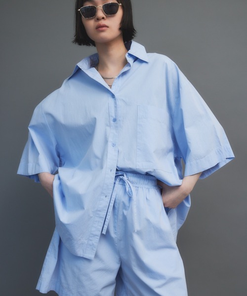 HANNE（アン）の「ハーフスリーブシャツセットアップ（シャツ/ブラウス・レディース・ピンク/ベージュ/ネイビー/ブルー/ブラウン・FREE）」の18枚目の写真