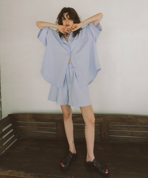 HANNE（アン）の「ハーフスリーブシャツセットアップ（シャツ/ブラウス・レディース・ピンク/ベージュ/ネイビー/ブルー/ブラウン・FREE）」の10枚目の写真