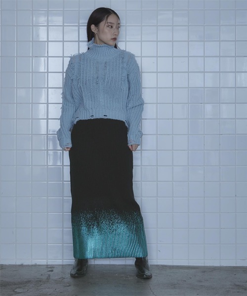 miette（ミエット）の「箔プリントリブニットスカート（スカート・レディース・グレー/ブラック/レッド・FREE）」の4枚目の写真