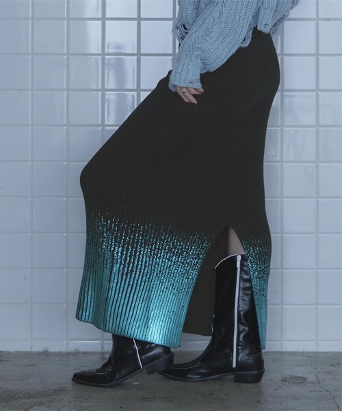 miette（ミエット）の「箔プリントリブニットスカート（スカート・レディース・グレー/ブラック/レッド・FREE）」の5枚目の写真