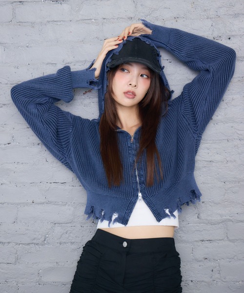 【セール】ジップ ダメージ ニット ショート パーカー（カーディガン/ボレロ）｜ENVYM（アンビー）