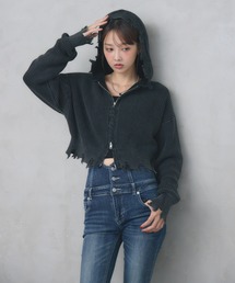 ジップ ダメージ ニット ショート パーカー