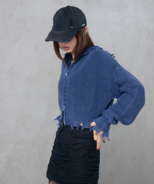 ENVYM（アンビー）の「ジップ ダメージ ニット ショート パーカー（カーディガン/ボレロ・レディース・ネイビー/ブラウン/ブラック・FREE）」の18枚目の写真