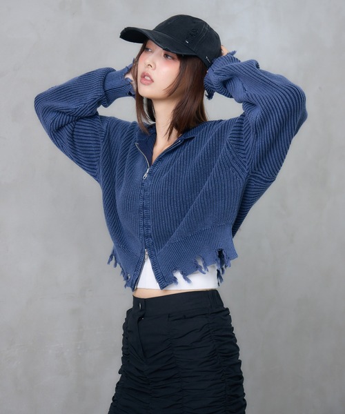 ENVYM（アンビー）の「ジップ ダメージ ニット ショート パーカー（カーディガン/ボレロ・レディース・ネイビー/ブラウン/ブラック・FREE）」の19枚目の写真