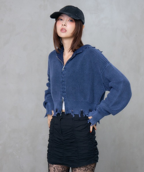 ENVYM（アンビー）の「ジップ ダメージ ニット ショート パーカー（カーディガン/ボレロ・レディース・ネイビー/ブラウン/ブラック・FREE）」の21枚目の写真
