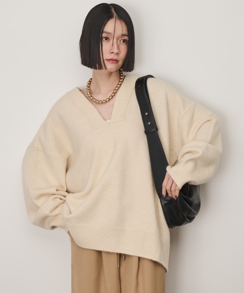 ♡HYEON♡ベージュニット ハーフジップスポンディッシュニットプルオーバー - ベルーナ【公式】