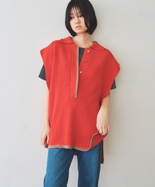 soduk(スドーク)の「【soduk】big knit vest(ベスト・レディース・ネイビー/レッド・ONE SIZE)」の2枚目の写真
