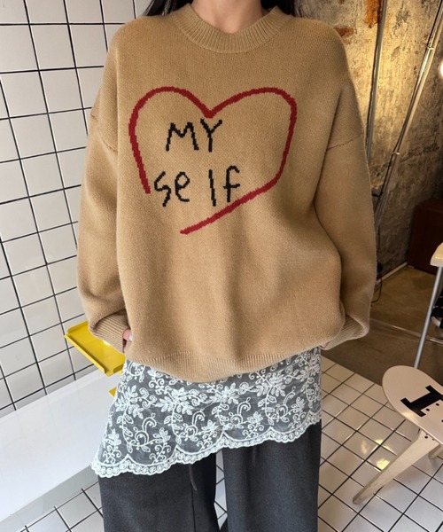 ap retro（アプレトロ）の「ロゴハート　ジャガードニットプルオーバー（ニット/セーター・レディース・ブラック/ベージュ/グレー・FREE）」の3枚目の写真