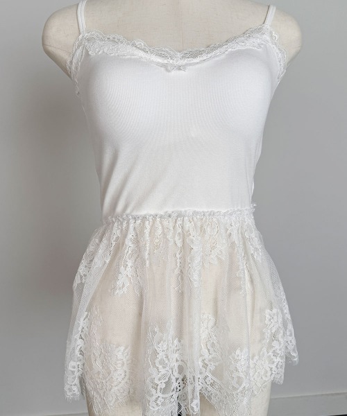 キャミソール 「セットアップ対応」LACE TRIM RIB キャミソール セール】カップ付きキャミソール ブラトップ（キャミソール