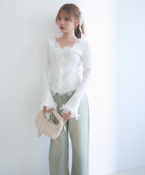 TITTY&CO.（ティティーアンドコー）の「フリルリブトップス（Tシャツ/カットソー・レディース・ブラック/アイボリー/ホワイト・FREE）」の7枚目の写真