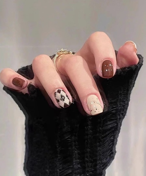 ダイヤ チェック チョコレート ネイルチップ セット（ネイルシール