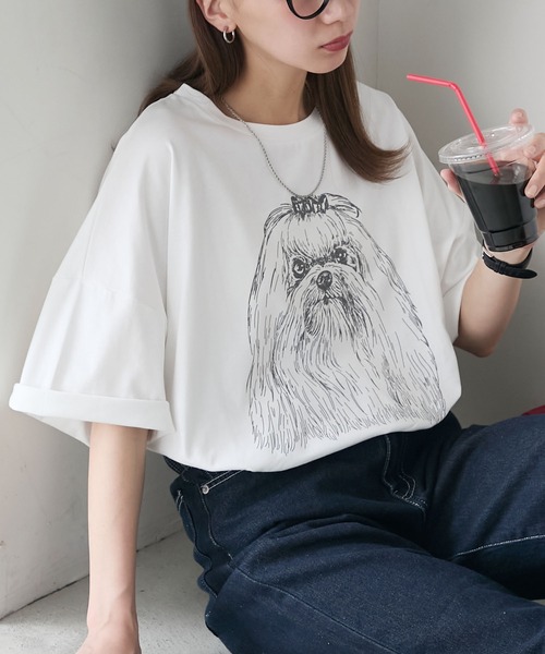 BONLECILL(ボンルシール)の「DOGプリントT(マルチーズ)(Tシャツ/カットソー・レディース・オートミール/ピンク/オフホワイト・FREE)」の2枚目の写真