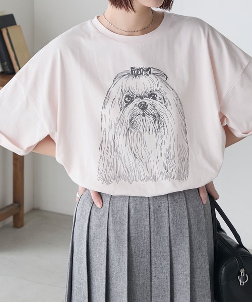 BONLECILL(ボンルシール)の「DOGプリントT(マルチーズ)(Tシャツ/カットソー・レディース・オートミール/ピンク/オフホワイト・FREE)」の3枚目の写真