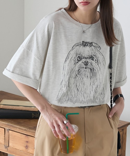 BONLECILL(ボンルシール)の「DOGプリントT(マルチーズ)(Tシャツ/カットソー・レディース・オートミール/ピンク/オフホワイト・FREE)」の12枚目の写真