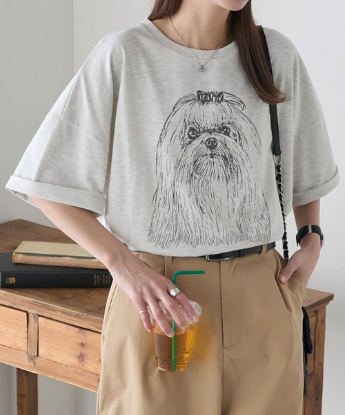 BONLECILL(ボンルシール)の「DOGプリントT(マルチーズ)(Tシャツ/カットソー・レディース・オートミール/ピンク/オフホワイト・FREE)」の18枚目の写真