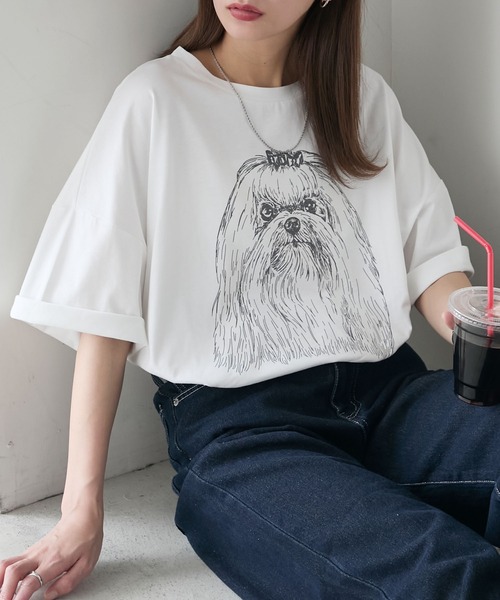 BONLECILL(ボンルシール)の「DOGプリントT(マルチーズ)(Tシャツ/カットソー・レディース・オートミール/ピンク/オフホワイト・FREE)」の4枚目の写真