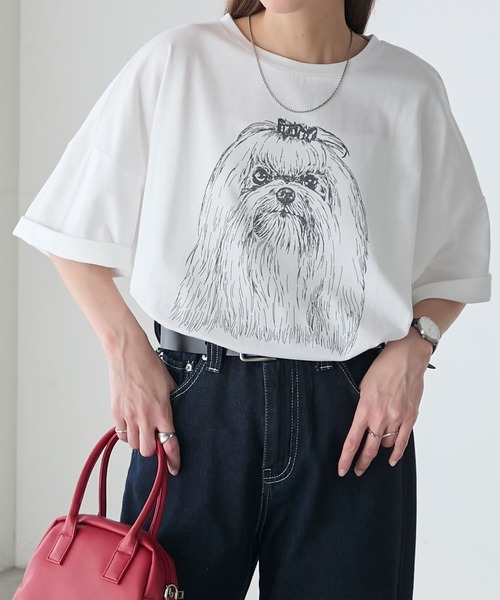 BONLECILL(ボンルシール)の「DOGプリントT(マルチーズ)(Tシャツ/カットソー・レディース・オートミール/ピンク/オフホワイト・FREE)」の5枚目の写真