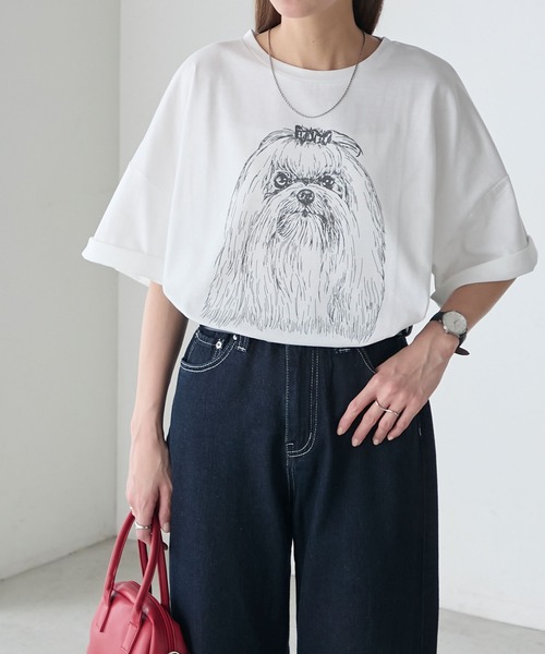 BONLECILL(ボンルシール)の「DOGプリントT(マルチーズ)(Tシャツ/カットソー・レディース・オートミール/ピンク/オフホワイト・FREE)」の6枚目の写真