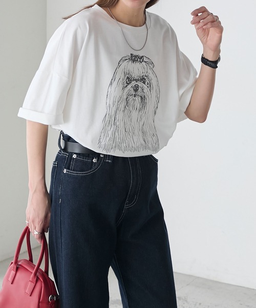 BONLECILL(ボンルシール)の「DOGプリントT(マルチーズ)(Tシャツ/カットソー・レディース・オートミール/ピンク/オフホワイト・FREE)」の7枚目の写真