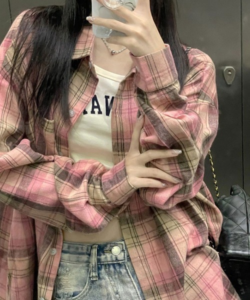 SallyLunn(サリーラン)の「【大人カジュアル♪】チェックカジュアルオーバーシャツ(シャツ/ブラウス・レディース・ピンク/ブラック・LARGE/MEDIUM)」の1枚目の写真