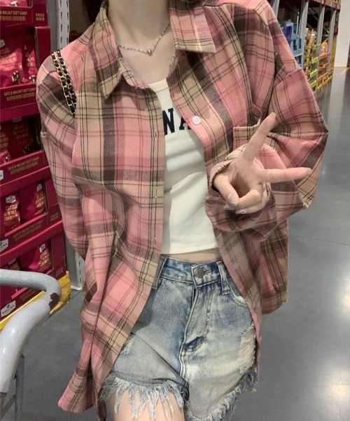 SallyLunn(サリーラン)の「【大人カジュアル♪】チェックカジュアルオーバーシャツ(シャツ/ブラウス・レディース・ピンク/ブラック・LARGE/MEDIUM)」の7枚目の写真
