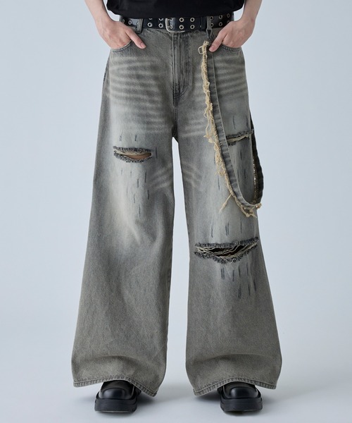 VELNUS】【12oz】 Vintage design damaged wide baggy denim pants