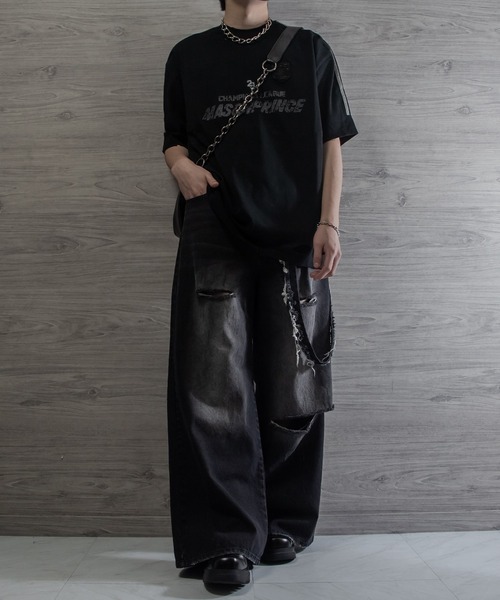 BADWAY ブラック ダメージワイドパンツ VELNUS】【12oz】 Vintage design damaged wide baggy denim