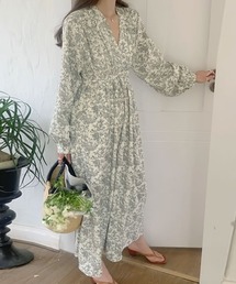 小花柄ゆったりVネック長袖ロングワンピース