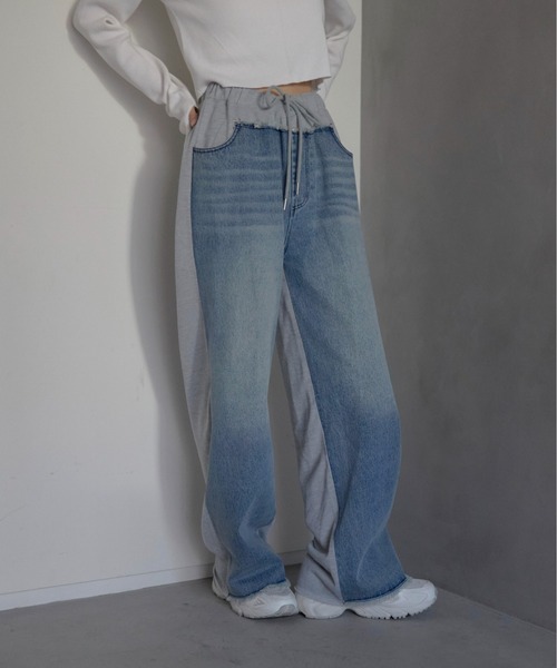 美品 AMERI DENIM SWEAT DOCKING WIDE PANTS AMERI DENIM SWEAT DOCKING WIDE PANTS
