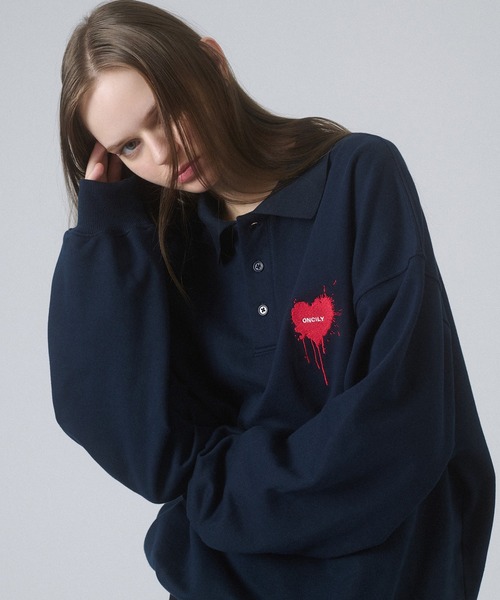 ONCILY（オンシェリー）の「HEART LOGO VOLUME POLO SWEAT / ハートロゴボリュームポロスウェット（スウェット・メンズ・アイボリー/ブラック/グレー/チャコールグレー/ネイビー・SMALL/MEDIUM/LARGE）」の6枚目の写真
