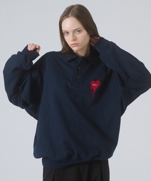 ONCILY（オンシェリー）の「HEART LOGO VOLUME POLO SWEAT / ハートロゴボリュームポロスウェット（スウェット・メンズ・アイボリー/ブラック/グレー/チャコールグレー/ネイビー・SMALL/MEDIUM/LARGE）」の7枚目の写真
