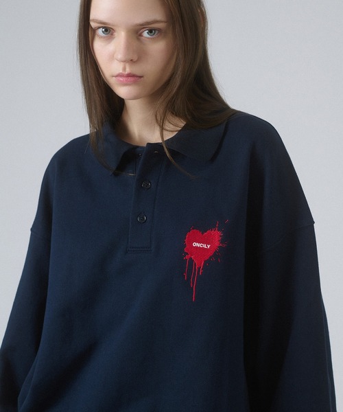 ONCILY（オンシェリー）の「HEART LOGO VOLUME POLO SWEAT / ハートロゴボリュームポロスウェット（スウェット・メンズ・アイボリー/ブラック/グレー/チャコールグレー/ネイビー・SMALL/MEDIUM/LARGE）」の9枚目の写真
