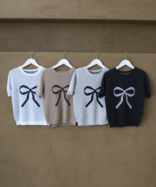 セール】ビックリボンセンターロゴ半袖ニットトップス（Tシャツ
