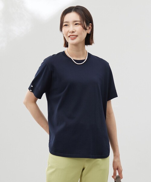 J.PRESS(ジェイプレス)の「【洗える】COTTON POLYESTER 袖ボタン ニット(ニット/セーター・レディース・ベージュ系/ふじ色系/ネイビー系/サックスブルー系・T13)」の1枚目の写真