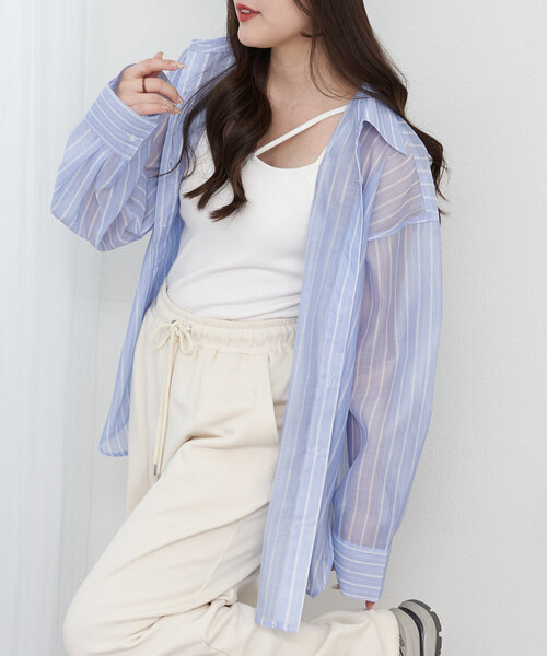 Remind me and forever(リマインドミーアンドフォーエバー)の「夏の定番アイテム、シアーBIGシャツ(シャツ/ブラウス・レディース・アイボリー/ブルー/イエロー/ピンク/サックスブルー/ミント/ピンク系その他・FREE)」の5枚目の写真